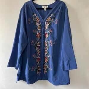 Brylane Womens Blue Long Sleeve Floral Embroidered Boho Blouse Top Size 30W